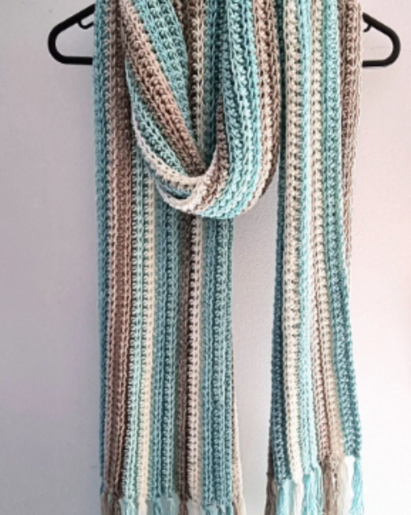 blue and brown crochet ribbed scarf