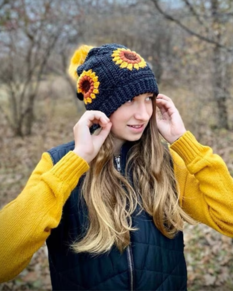 black and yellow crochet sunflower hat