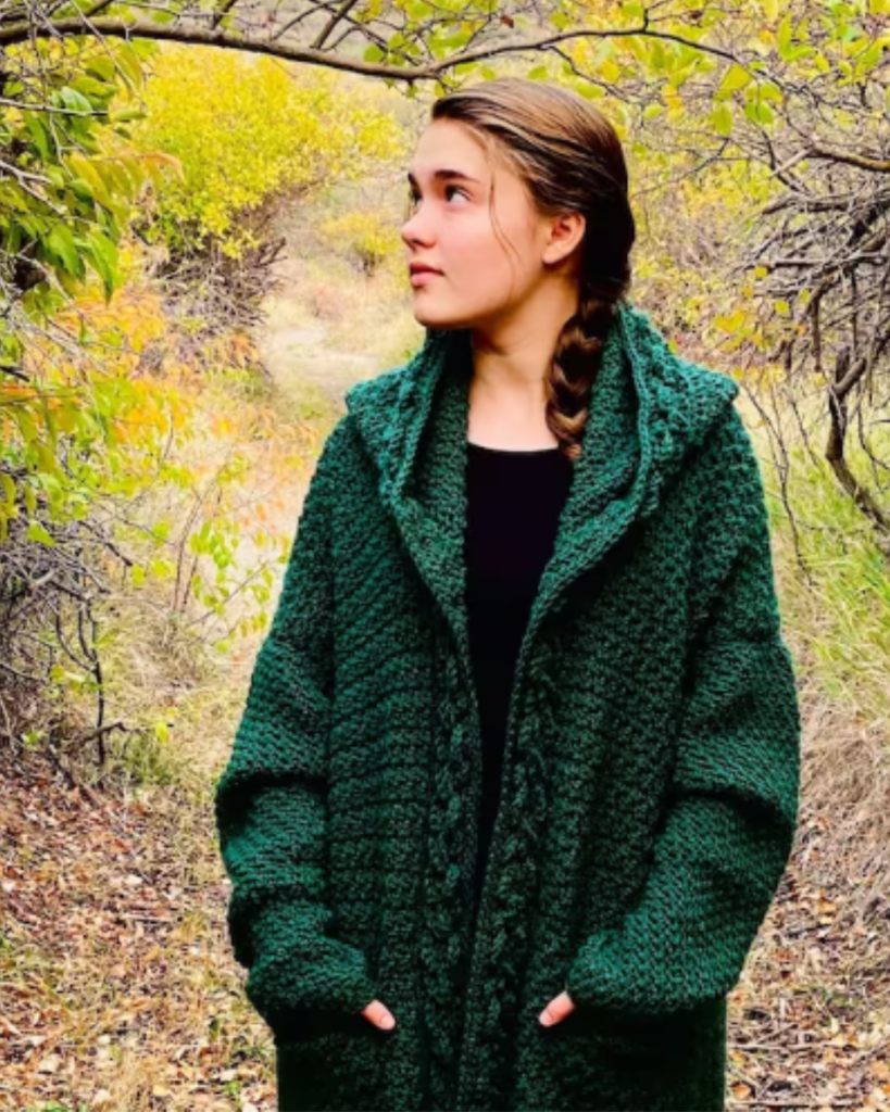 green hooded crochet cardigan