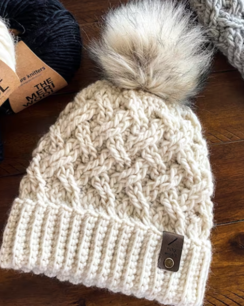 white crochet cable basket weave hat