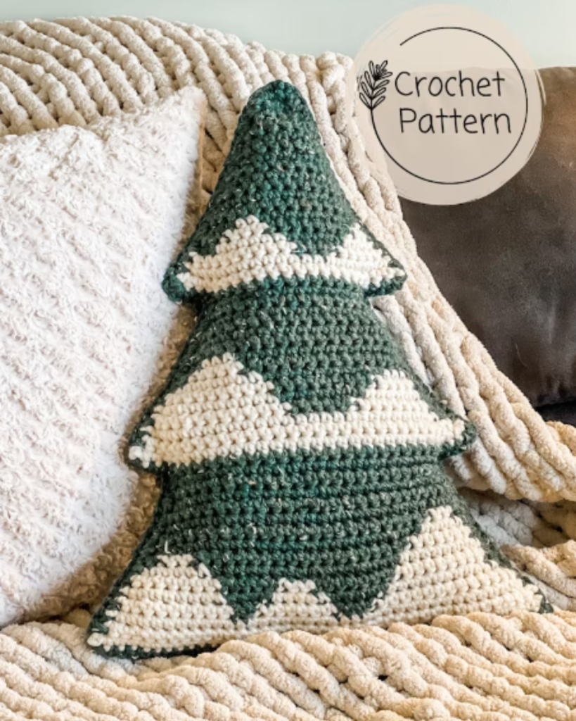 crochet green and white tree-shaped pillow