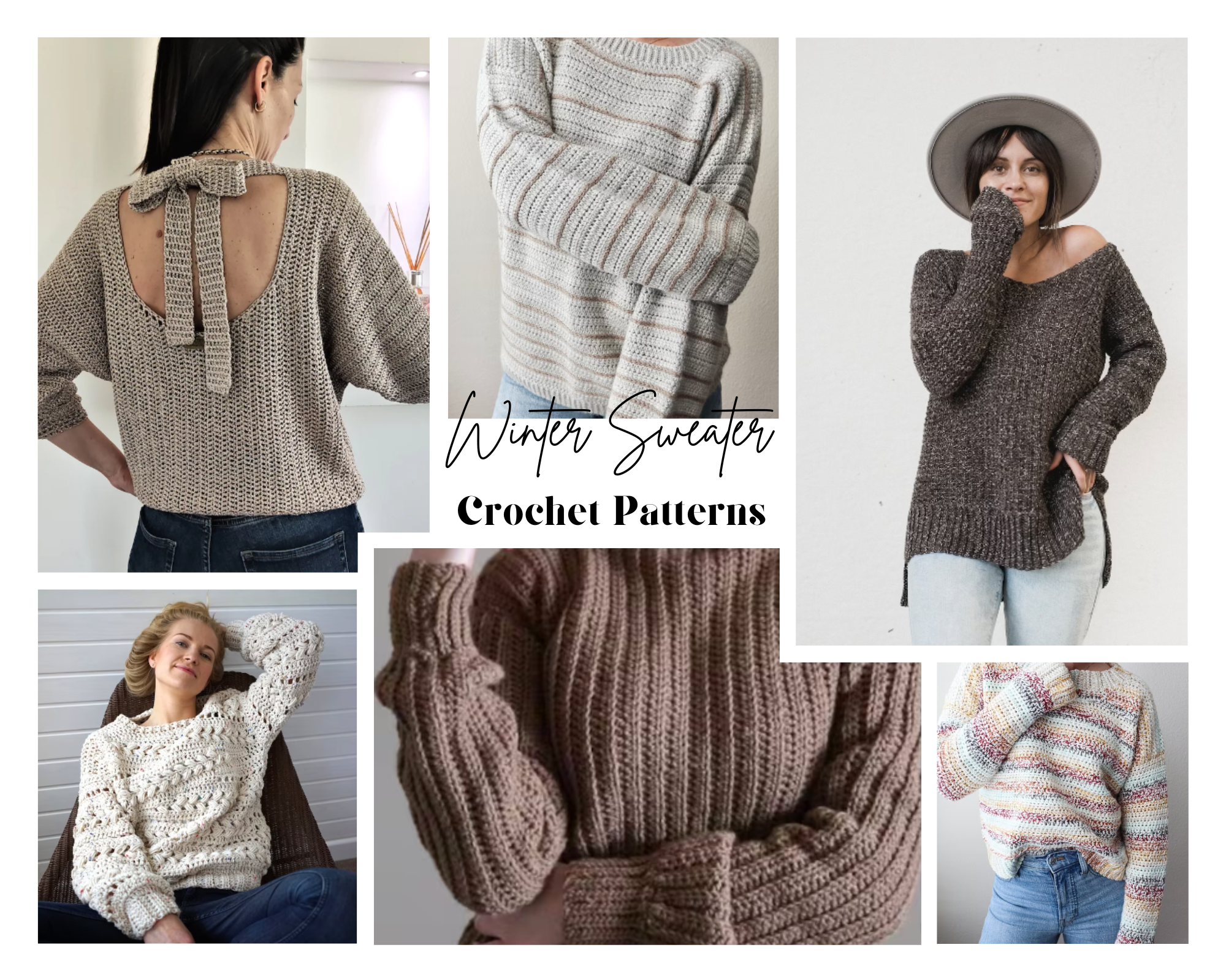 collage of crochet sweaters for winter