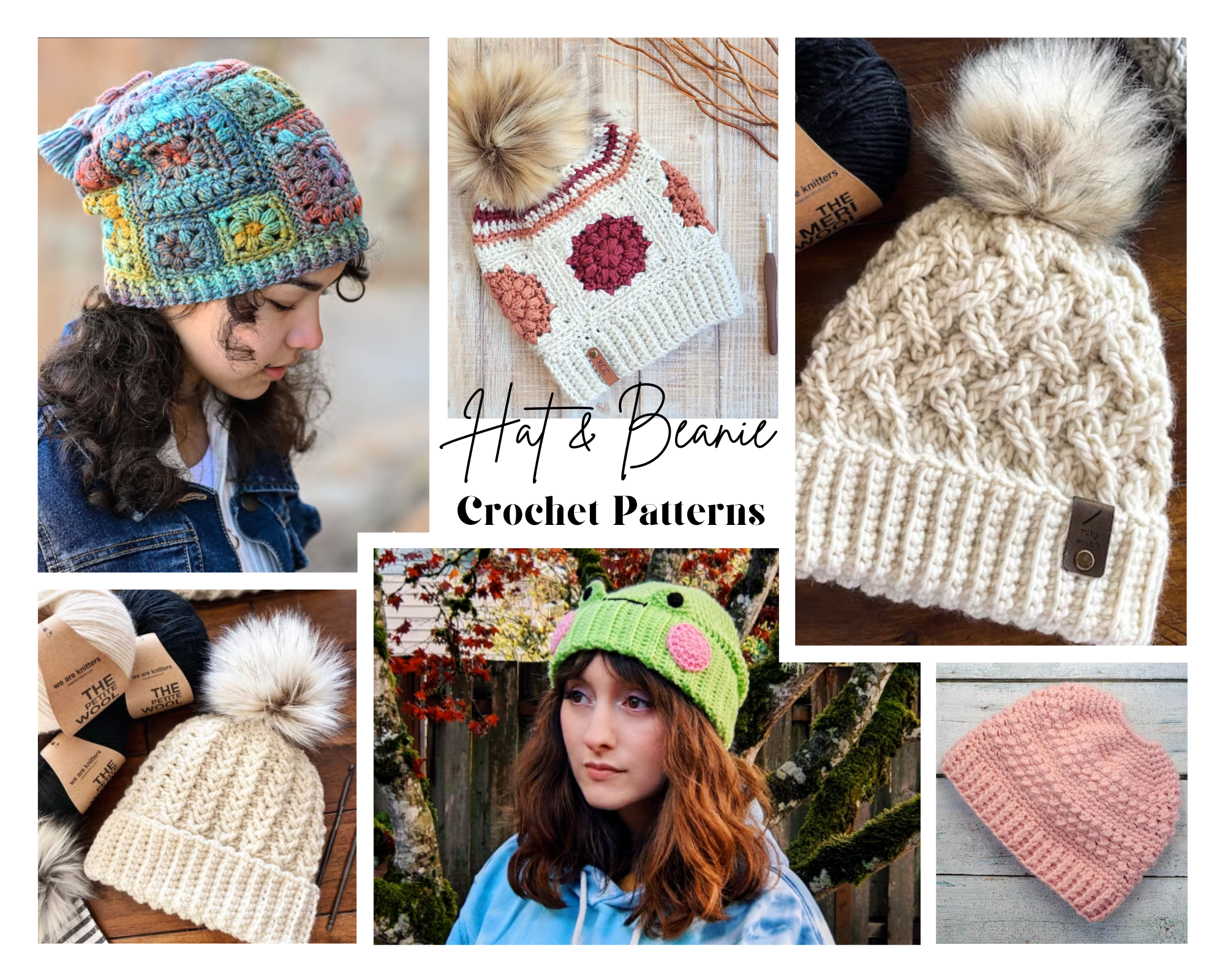 collage of crochet hat patterns