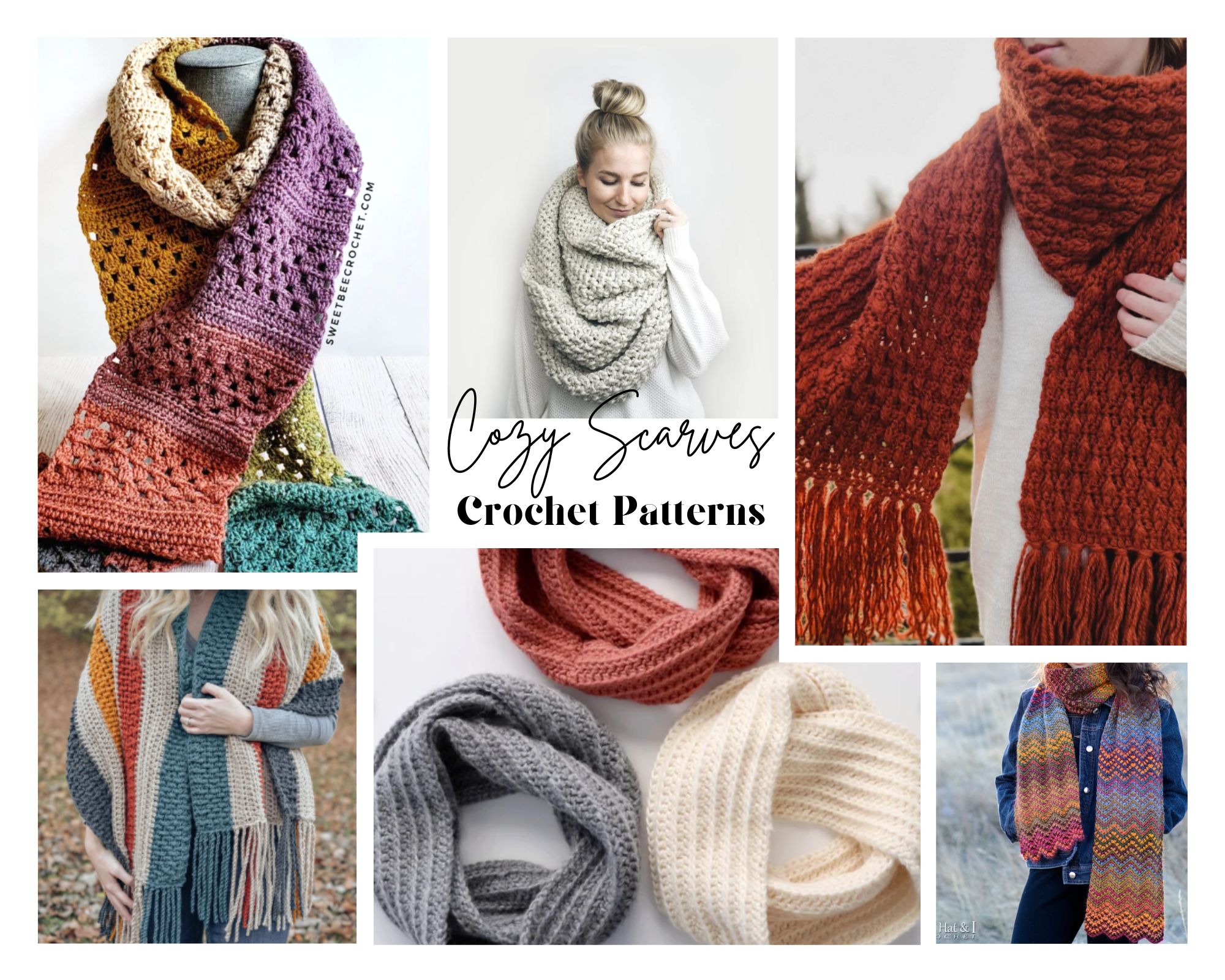 collage of crochet scarf patterns