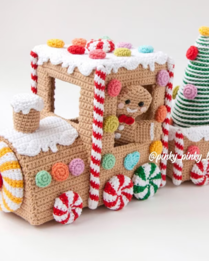 crochet gingerbread train with gingerbread man inside