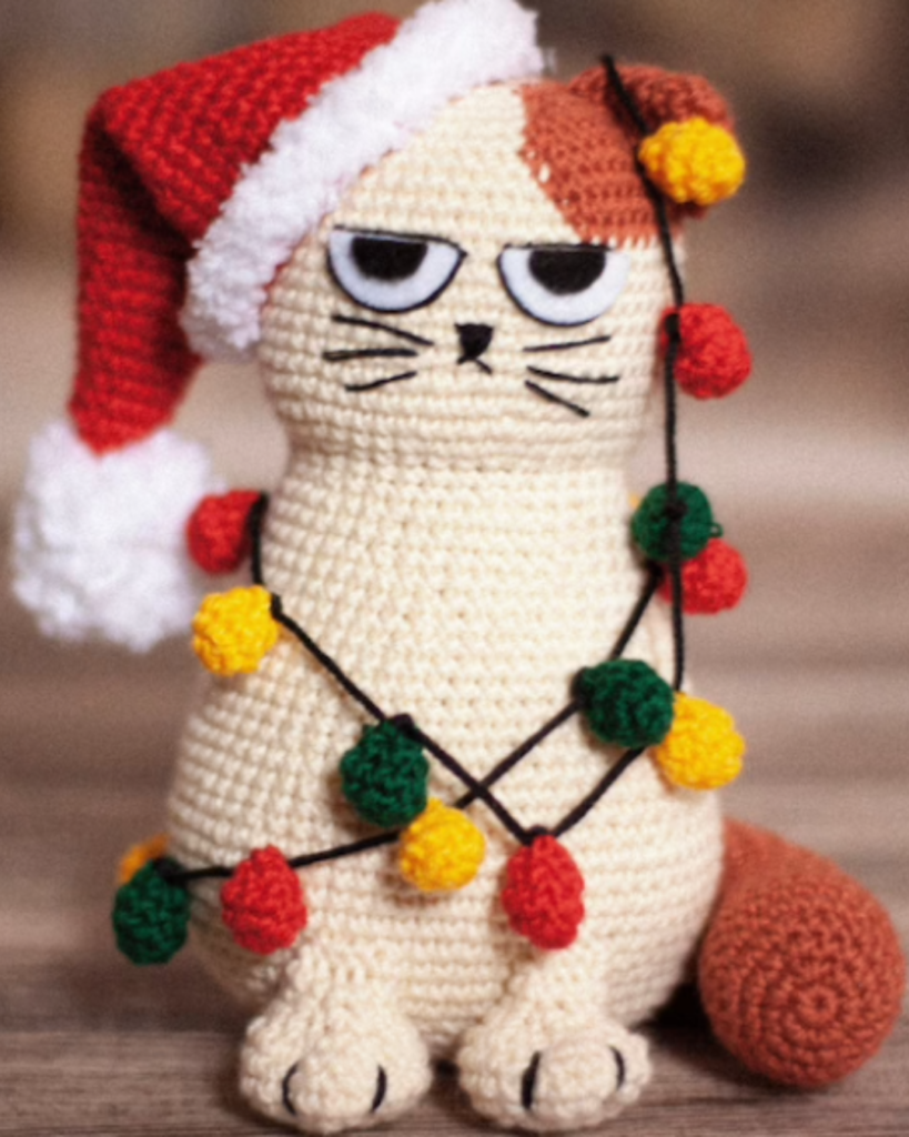 crochet amigurumi cat with santa hat and tangled christmas lights