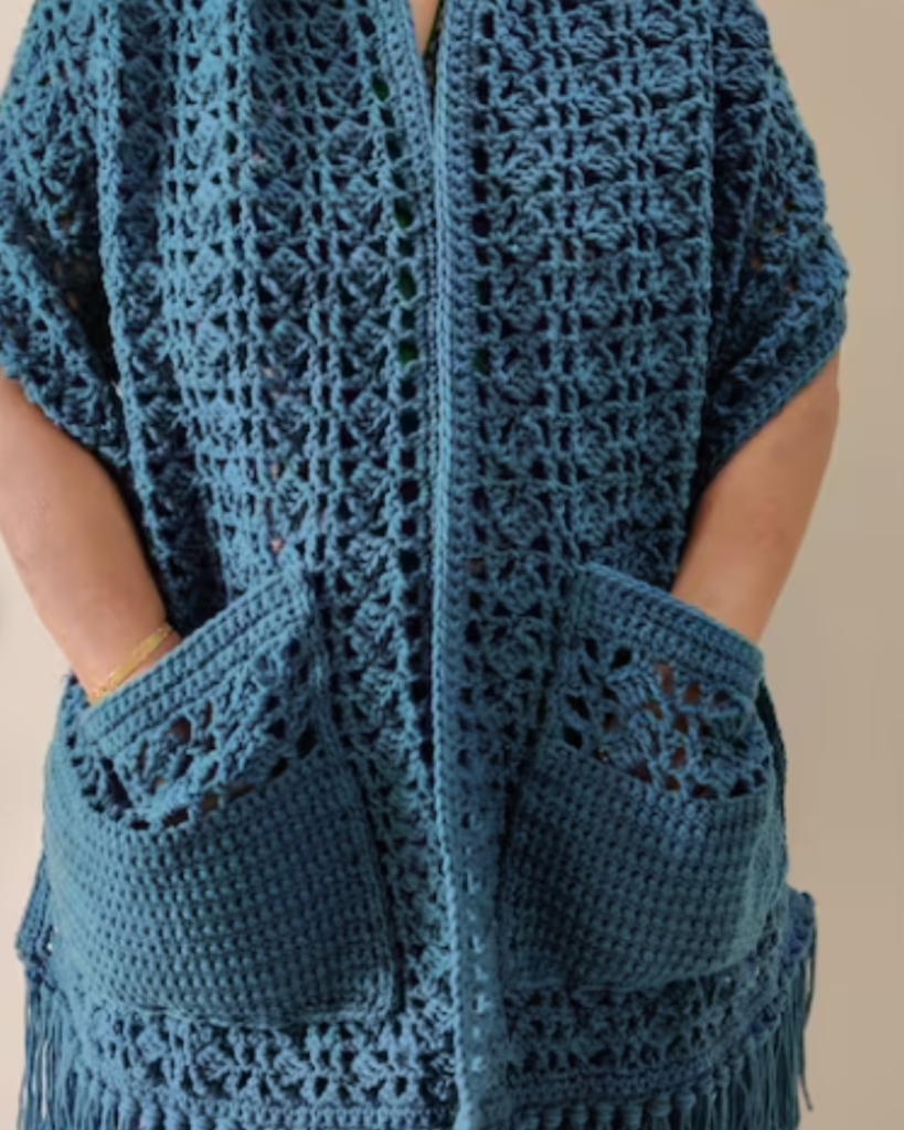 blue crochet pocket shawl