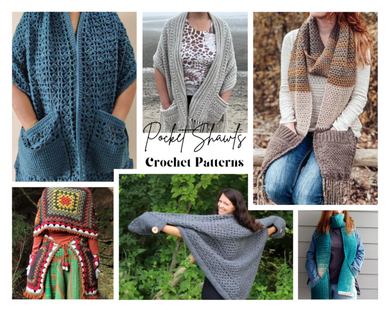collage of crochet pocket shawl patterns