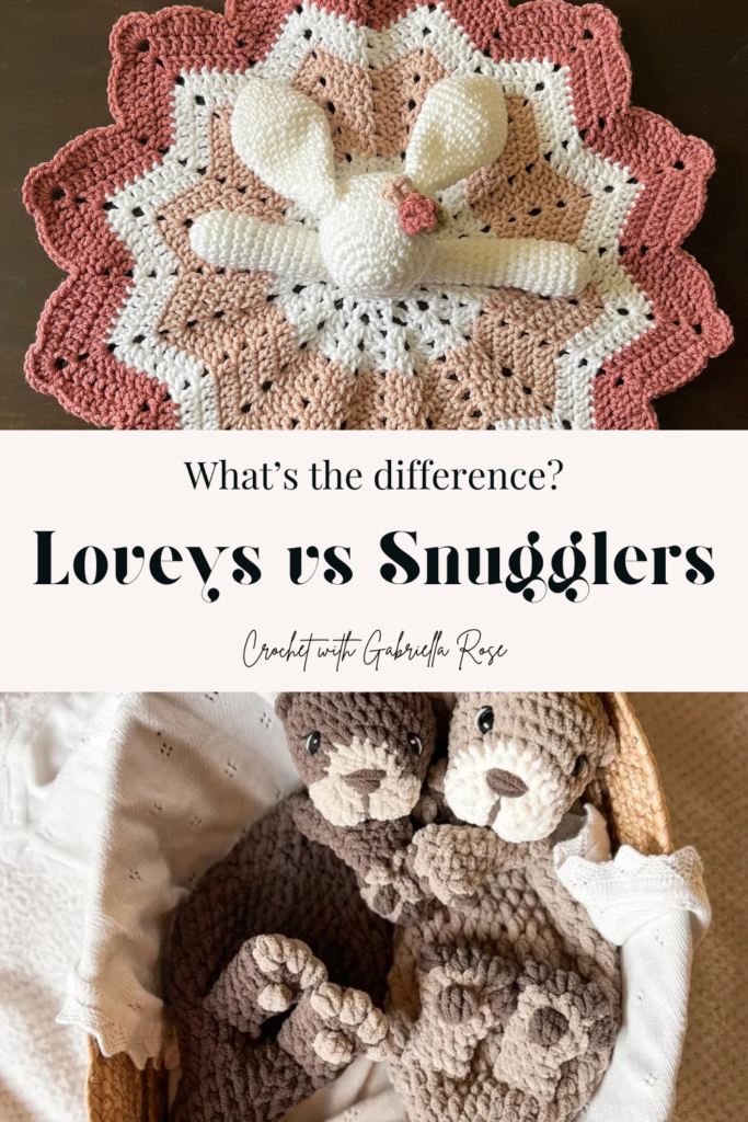 collage of crochet snuggler and lovey patterns