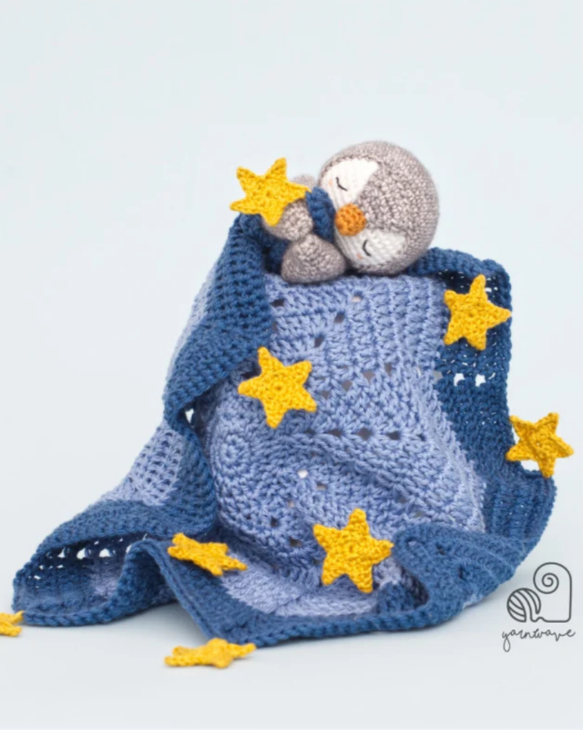 crochet penguin baby lovey with stars