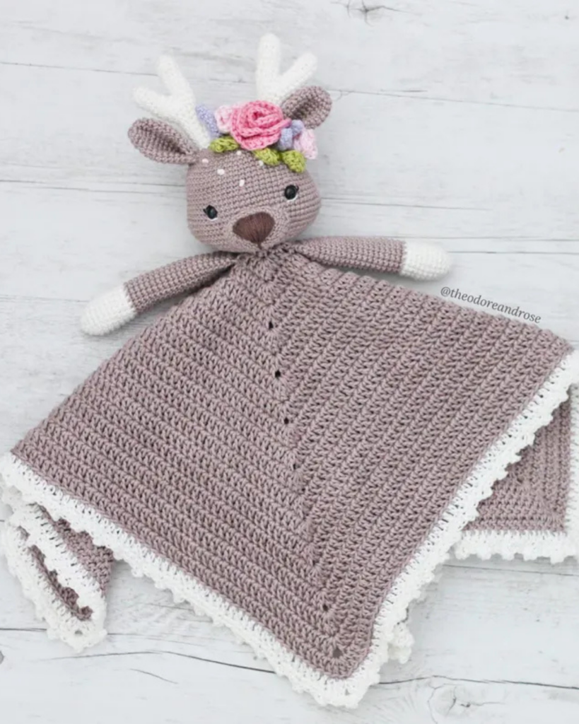 crochet deer lovey with flowers