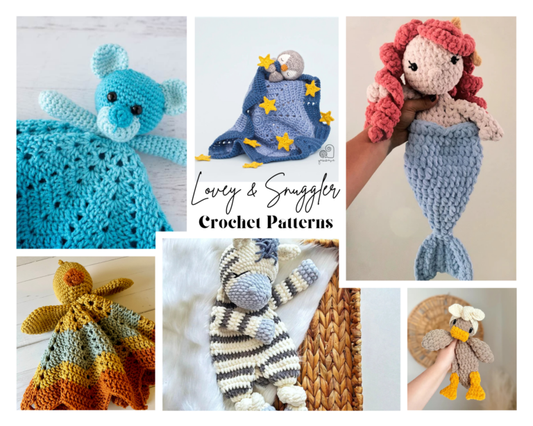 collage of crochet snuggler and lovey patterns