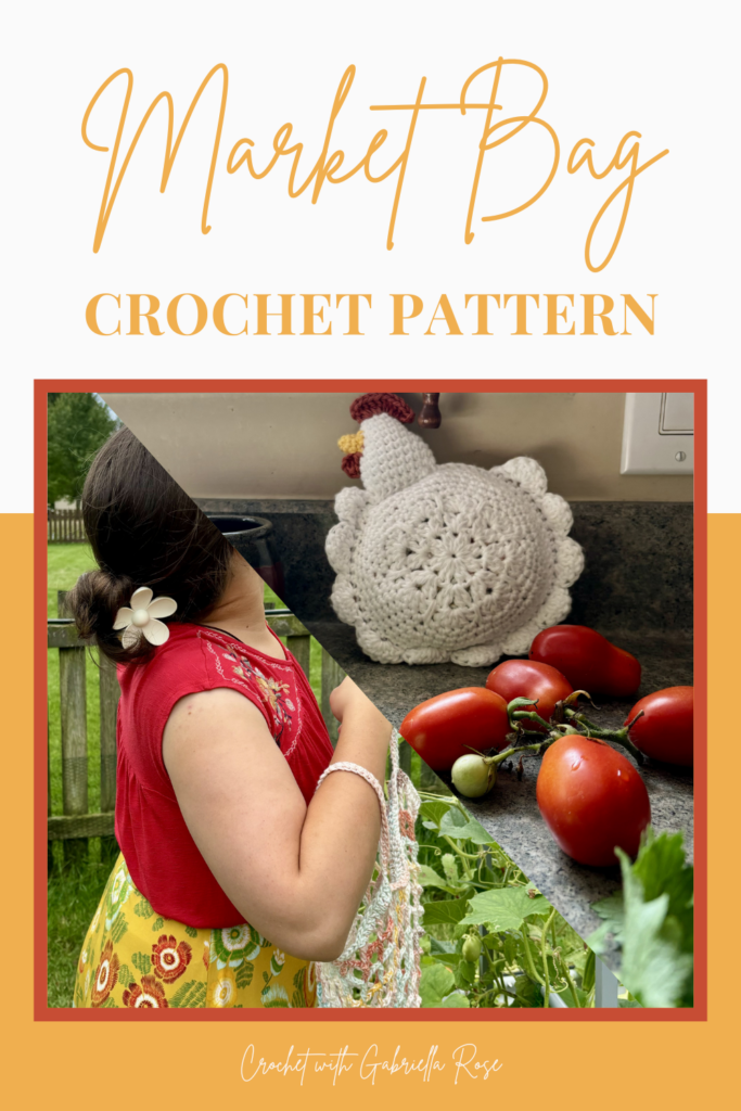 collage of crochet market bag as a bag and as a chicken