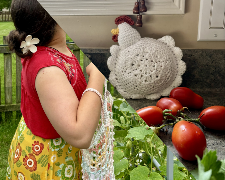 collage of crochet market bag as a bag and as a chicken