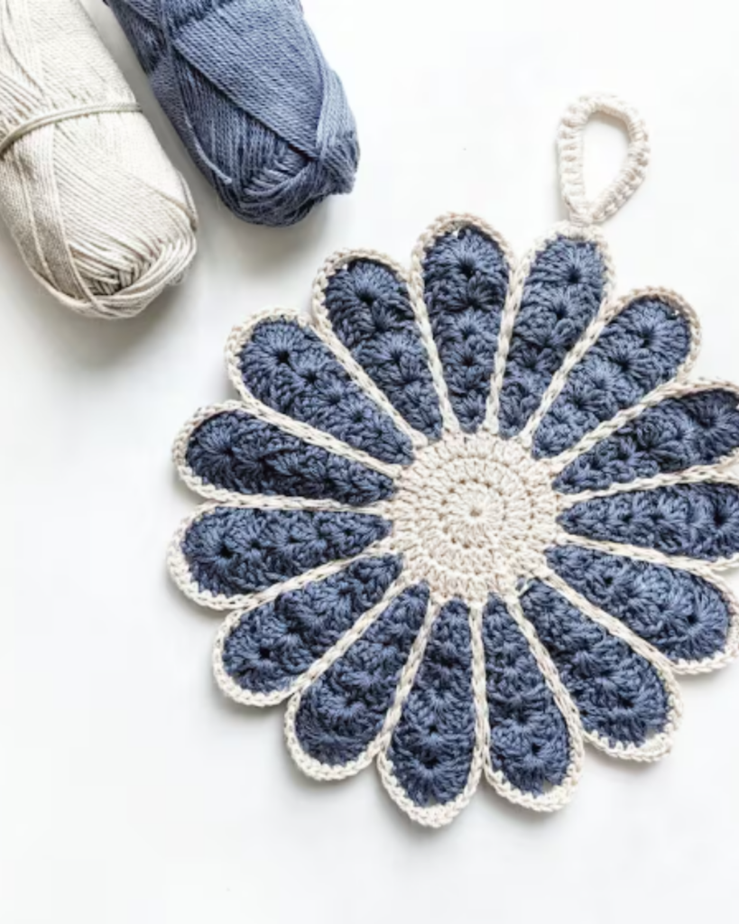 Thick flower crochet potholder designed for everyday kitchen use