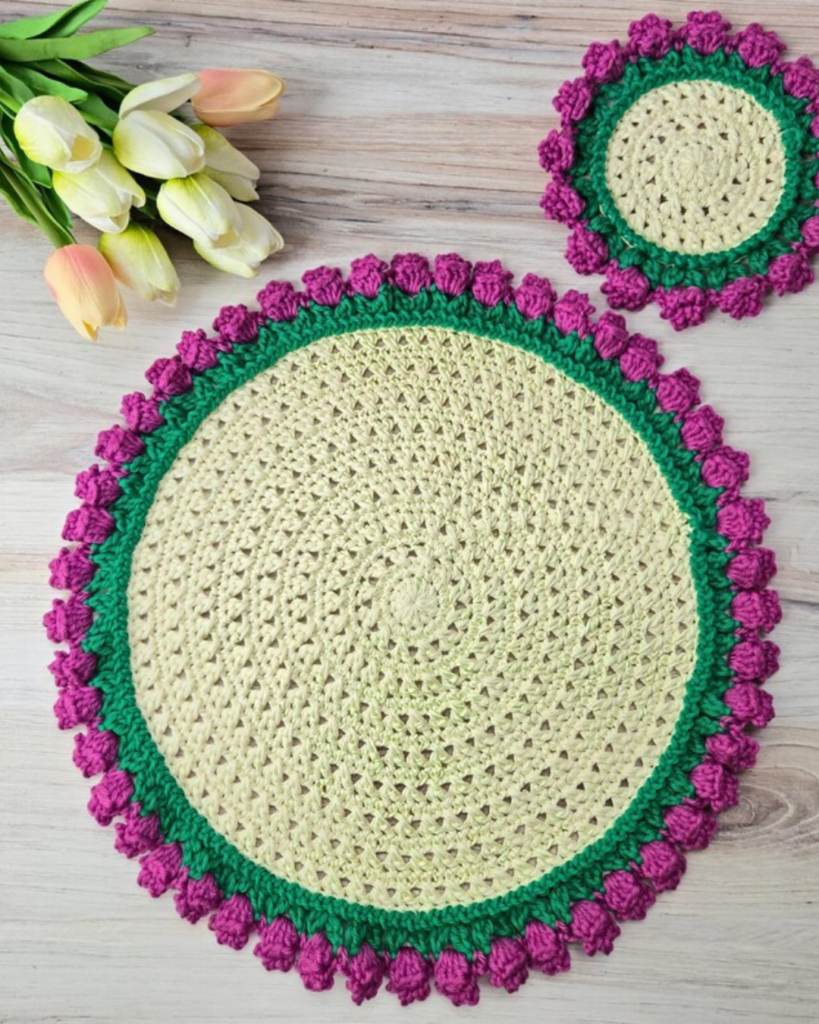 Handmade tulip edged crochet placemat with simple textured stitch pattern