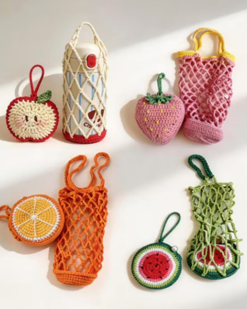 Convertible fruit crochet water bottle holder with strap for hands-free carrying