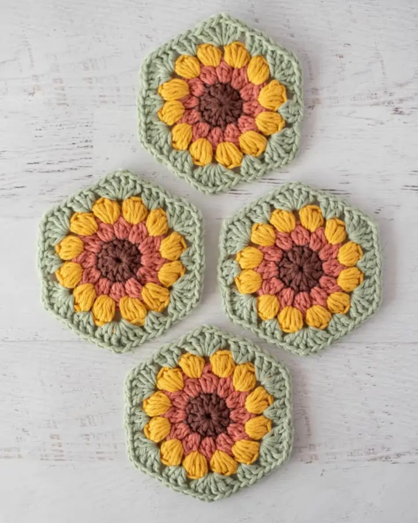 Set of hexagon crochet coasters made with simple beginner-friendly stitches