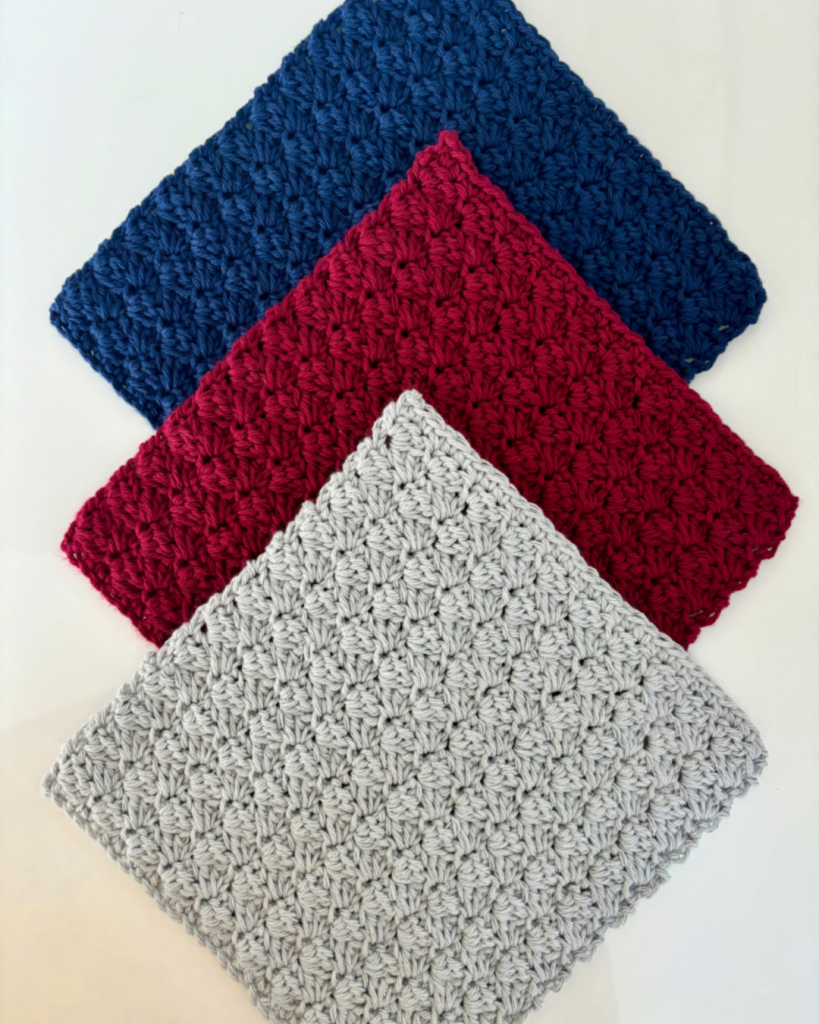 Crochet dishcloth made with textured stitches with patriotic cotton yarn