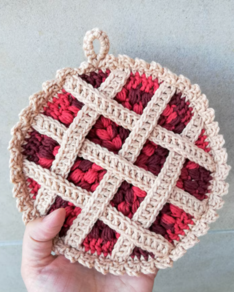 Thick pie crochet potholder designed for everyday kitchen use