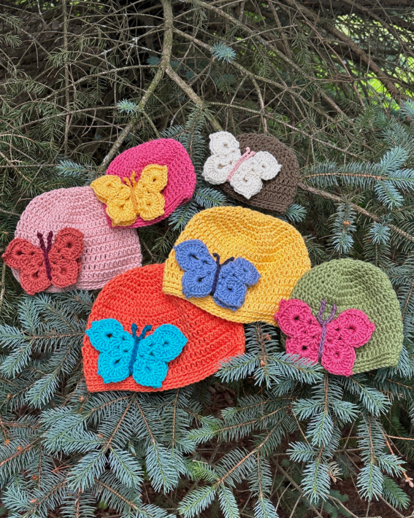Summer crochet baby hats with butterfly decoration in multiple sizes