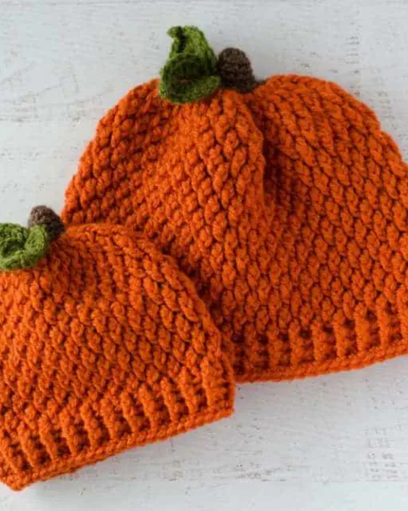 cozy crochet pumpkin hat with textured ridges and a playful fall design