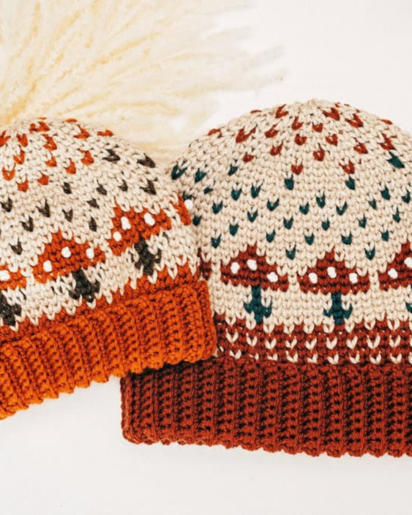 cozy crochet mushroom hat with a knit-look texture and whimsical woodland style