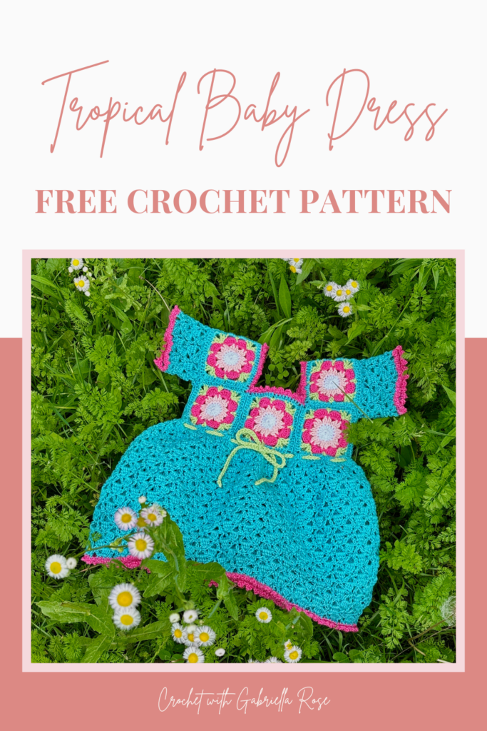 Island Girl crochet baby dress with colorful flower granny squares and lacey skirt