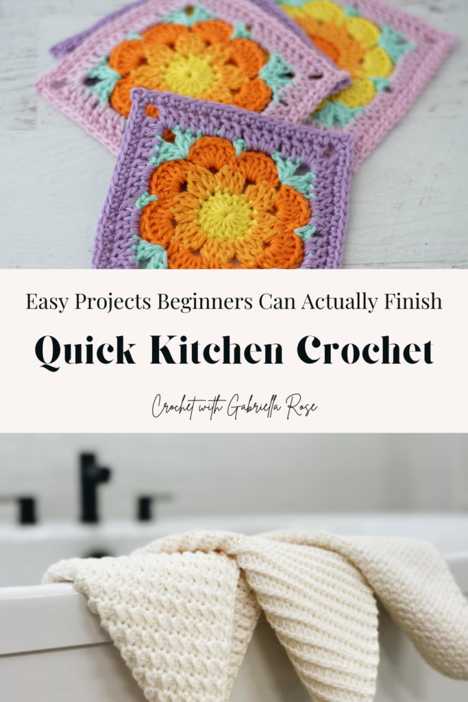 Collage of practical crochet kitchen accessories and beginner-friendly crochet projects