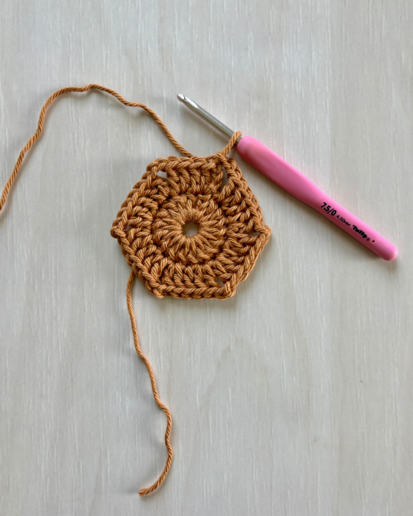 close up progress photos of crochet floral hexagon