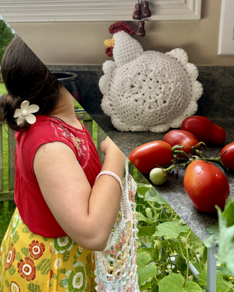 Crochet chicken bag that converts into a reusable market tote