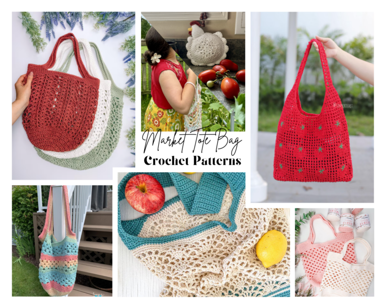 collage of easy crochet market tote bags