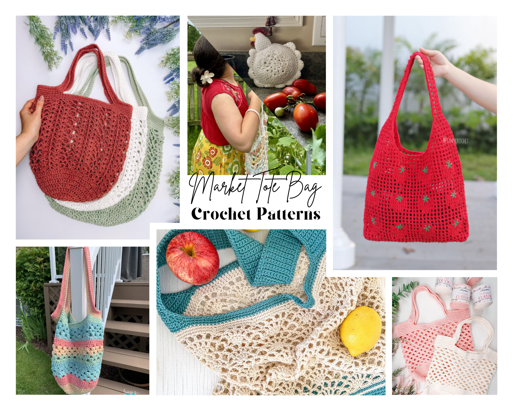 collage of easy crochet market tote bags