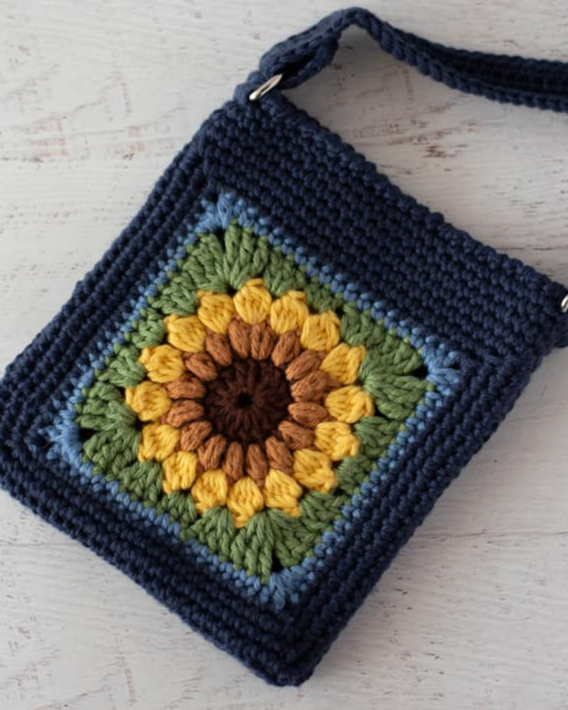 Crochet crossbody bag featuring a sunflower motif and adjustable shoulder strap