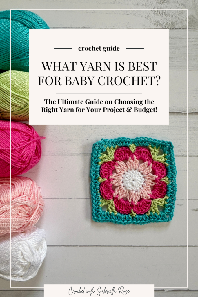 crochet flower square with yarn skeins next to it
