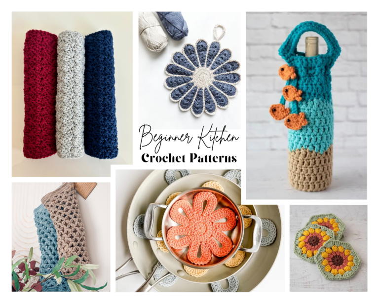 Collection of quick and useful kitchen crochet projects including dishcloths, potholders, scrubbies, and other beginner-friendly patterns