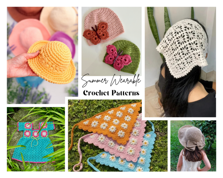 Collage of crochet summer wearables and accessories