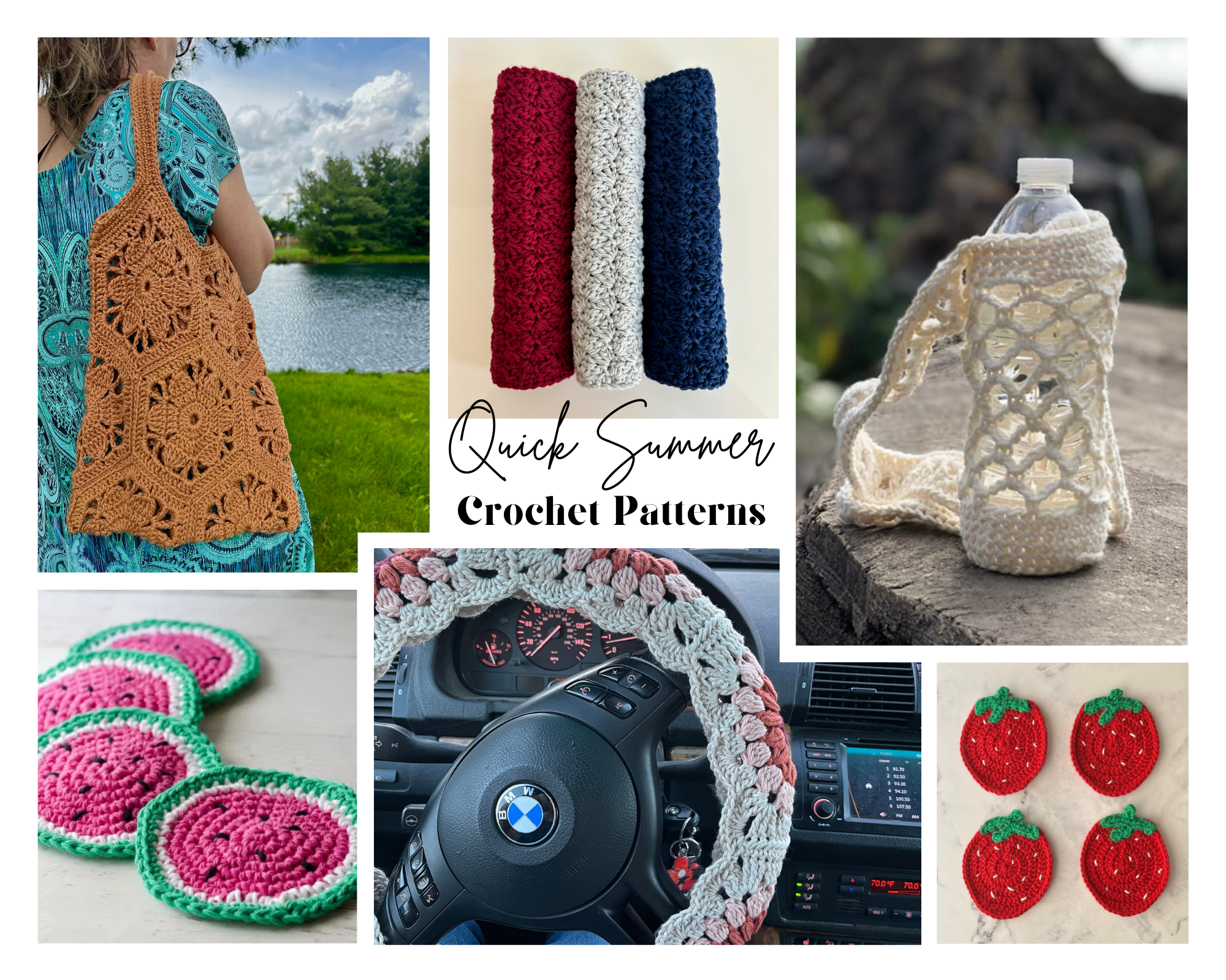 Collection of practical summer crochet projects including market bags, dishcloths, coasters, potholders, and beginner-friendly handmade gifts.