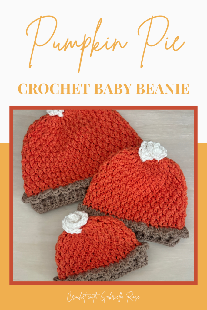 Pumpkin Pie Baby Hat crochet pattern with alpine stitch texture, ruffled pie crust brim, and whipped cream topper
