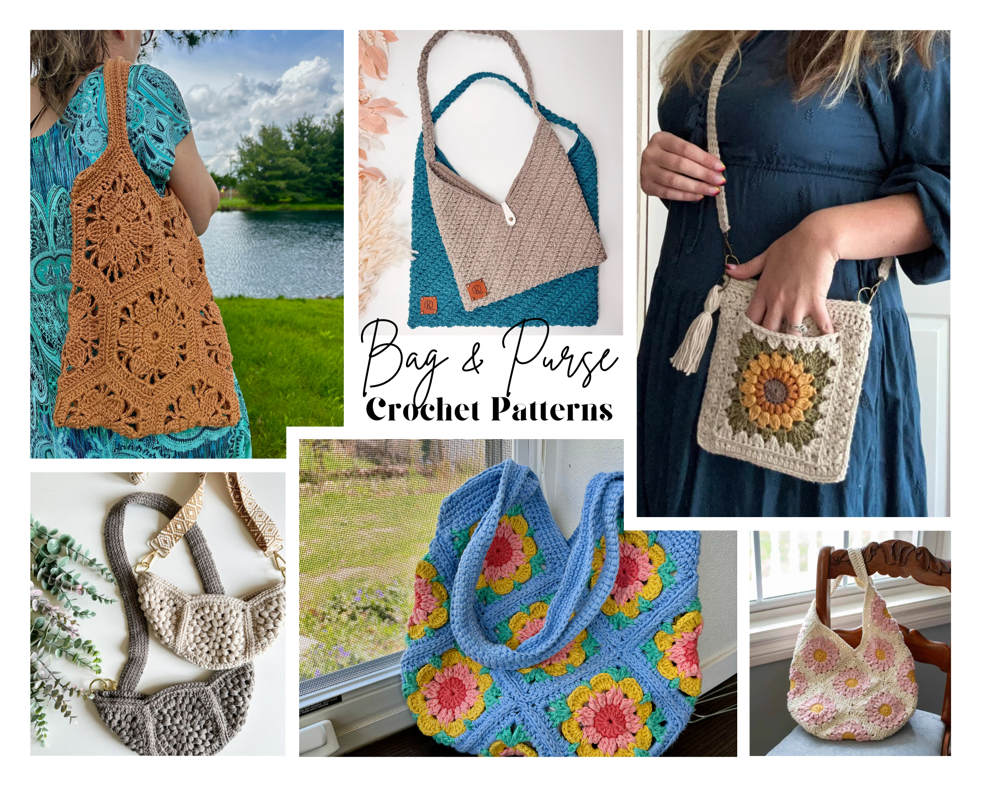 Collage of colorful crochet bag patterns including granny square purses, crossbody bags, market bags, and floral handbags