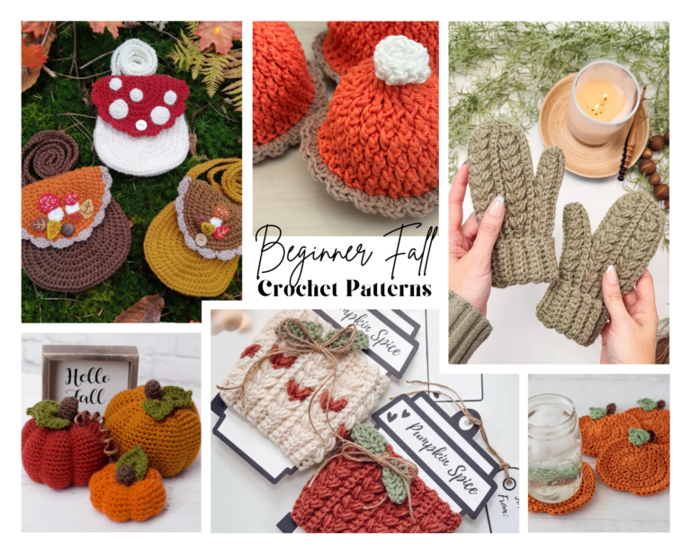 Collage of beginner-friendly fall crochet patterns including hats, scarves, pumpkins, bags, cup cozies, pillows, and home décor