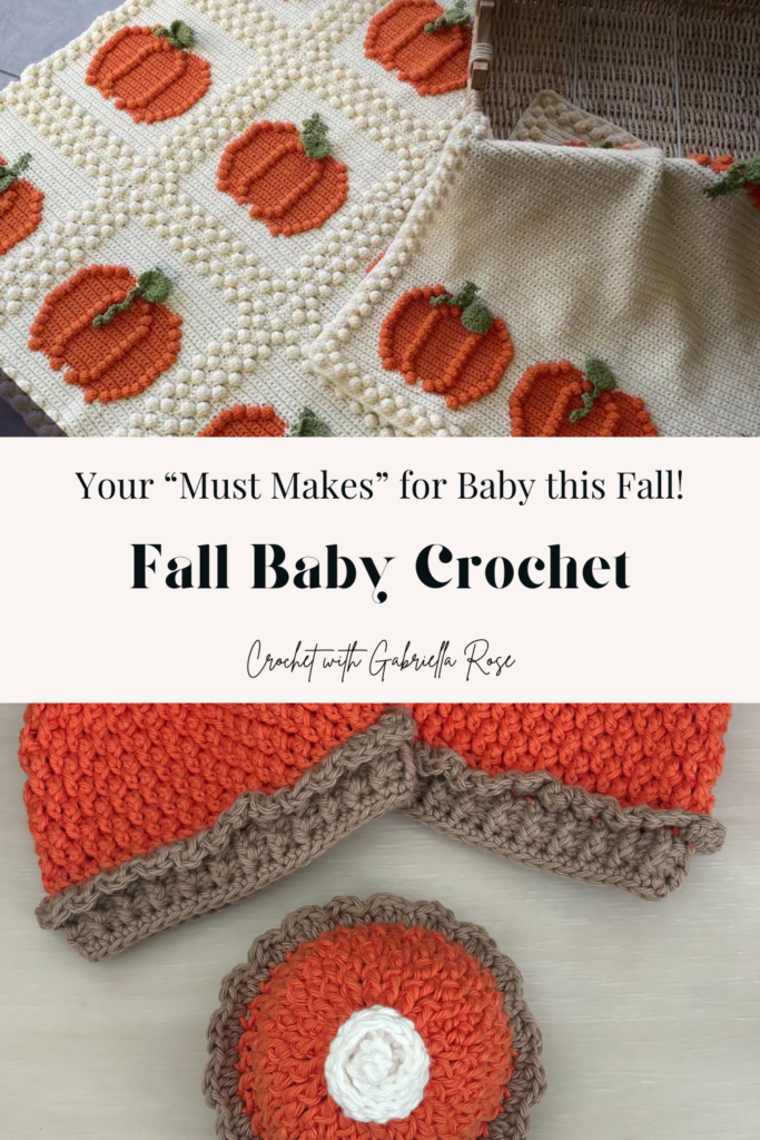 Collage of baby fall crochet patterns including hats, outfits, blankets, and accessories