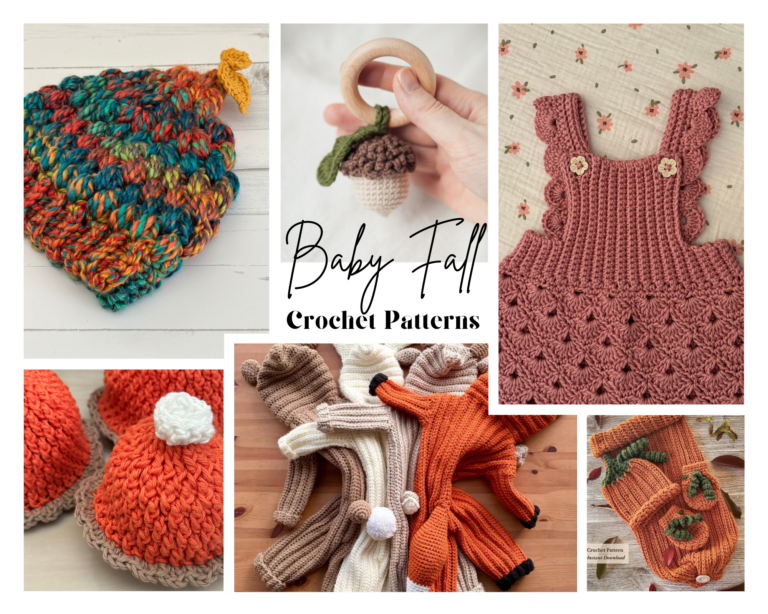 Collage of baby fall crochet patterns including hats, outfits, blankets, and accessories