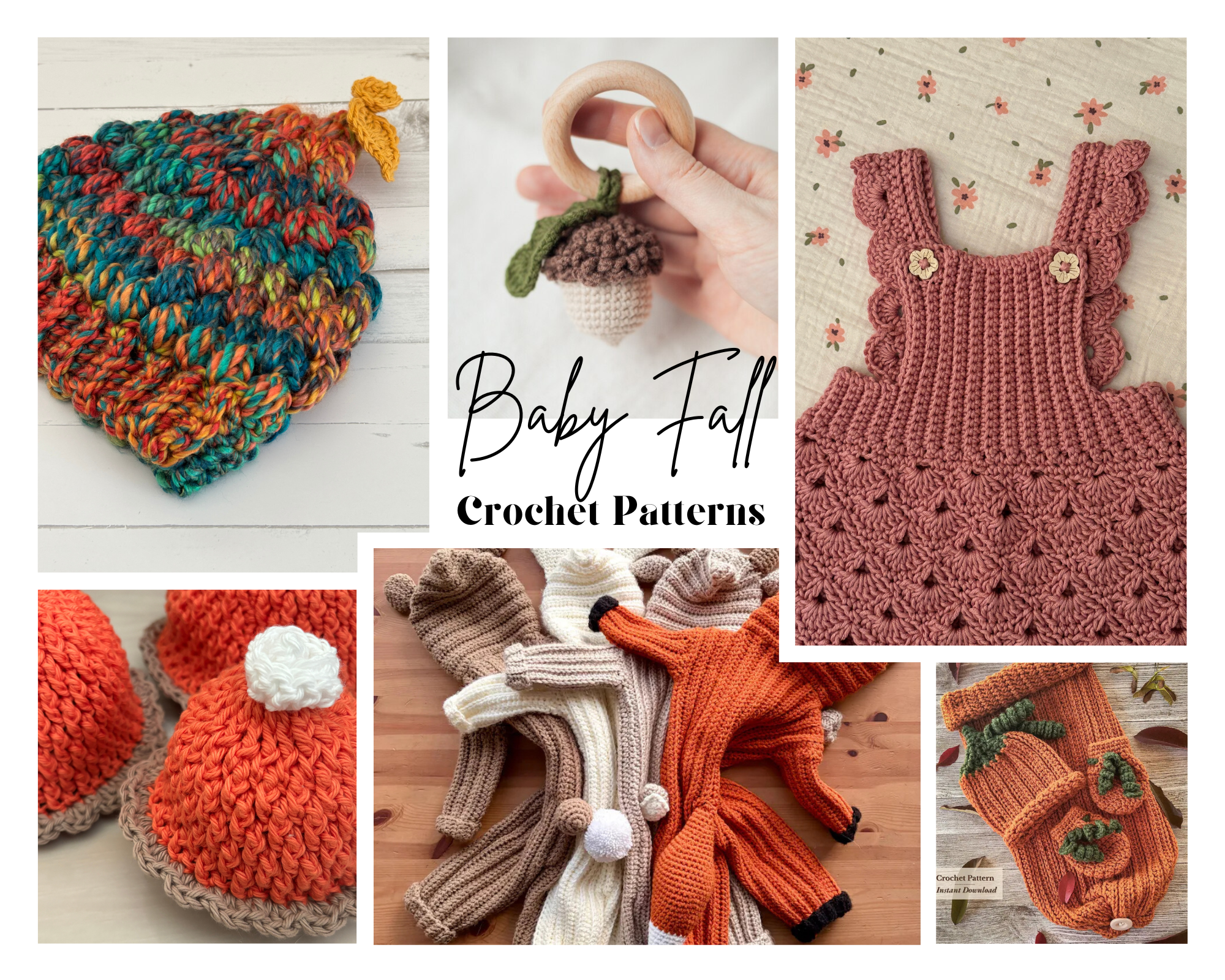 Collage of baby fall crochet patterns including hats, outfits, blankets, and accessories