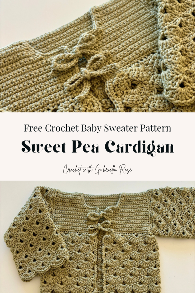 Sweet Pea crochet baby cardigan with shell stitch and two bows