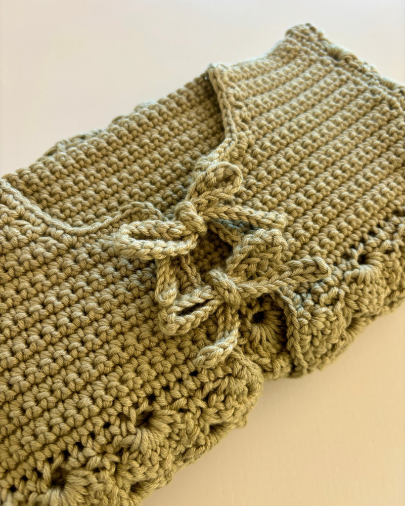 Close-up of the two bows tying the front of the crochet baby cardigan