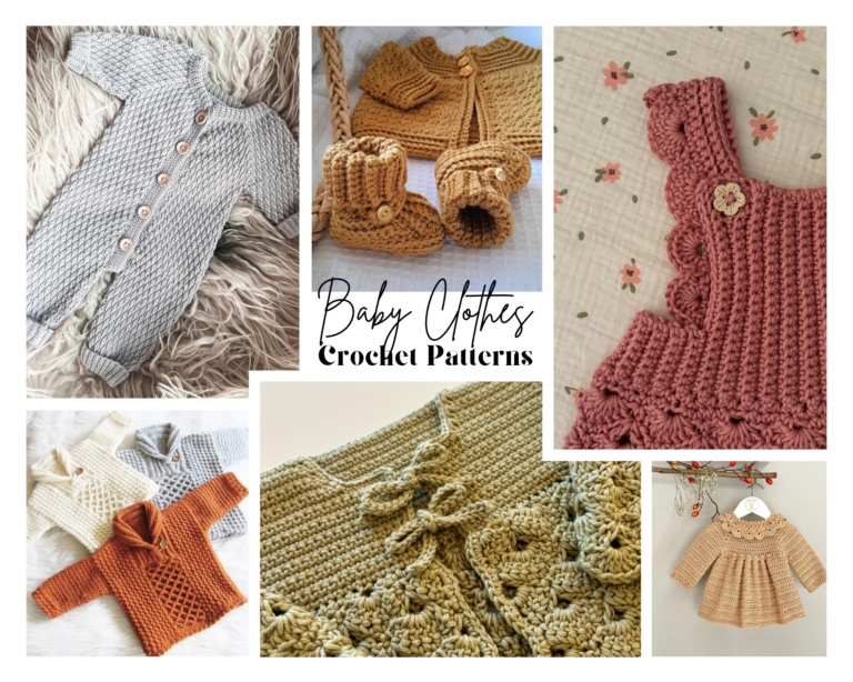 collage of crochet baby clothes