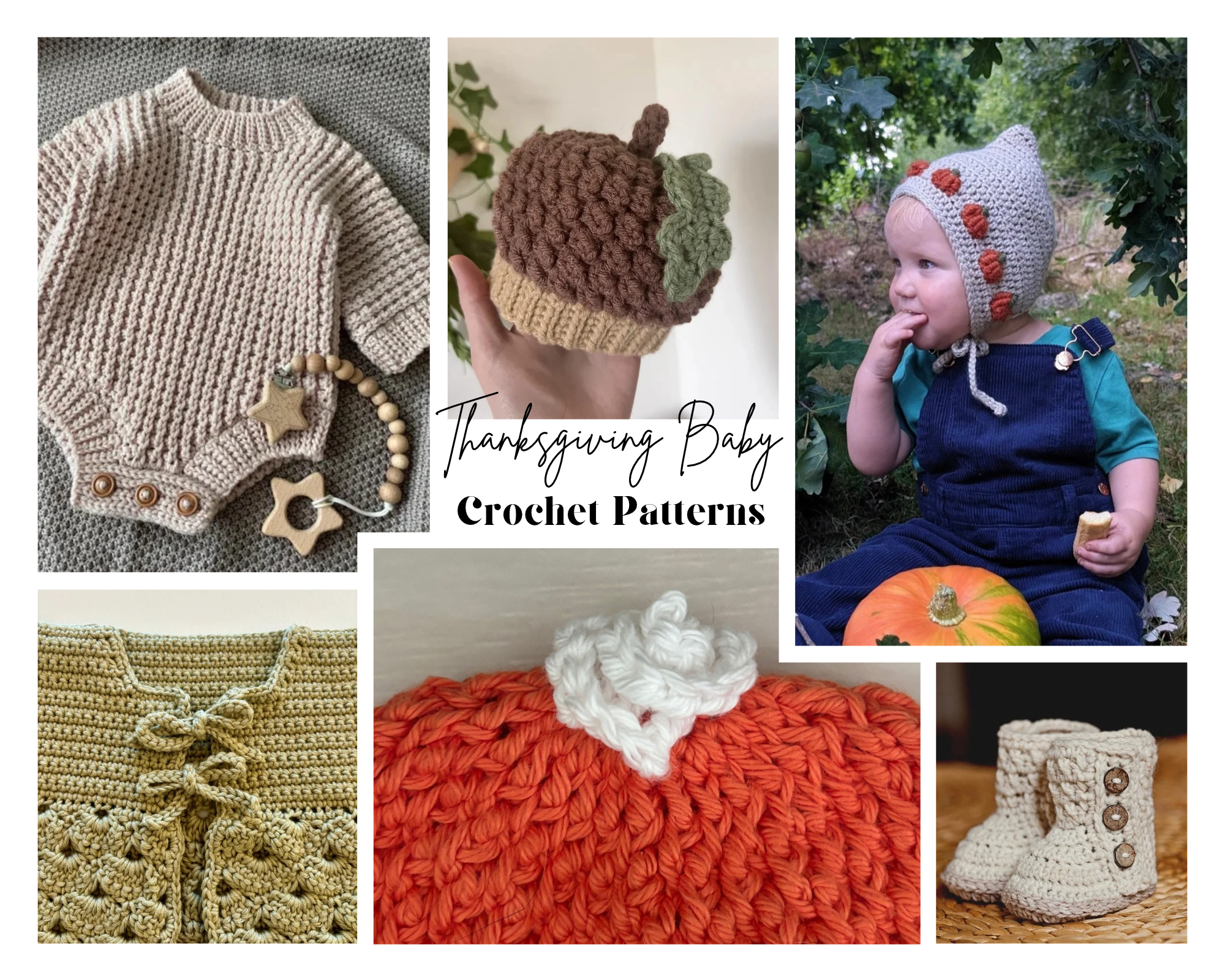 a collage of thanksgiving crochet patterns for babies