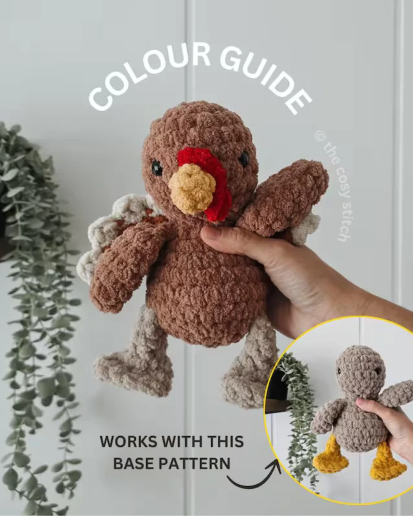 Handmade crochet turkey stuffed animal with soft yarn details.
